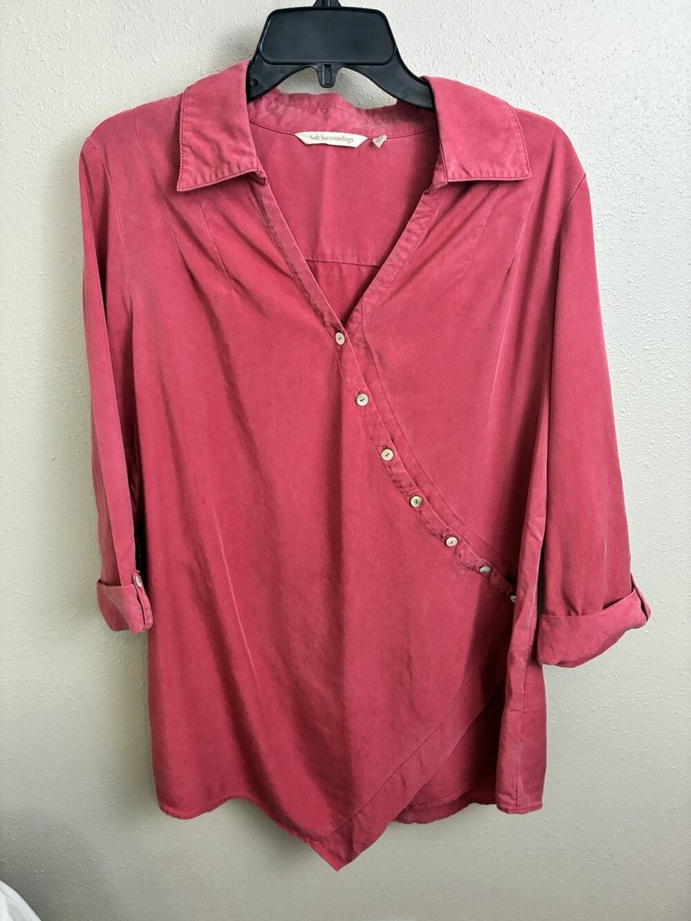 Soft Surroundings Washed Tencel Tunic Large Salmon Pink Asymmetrical Buttons